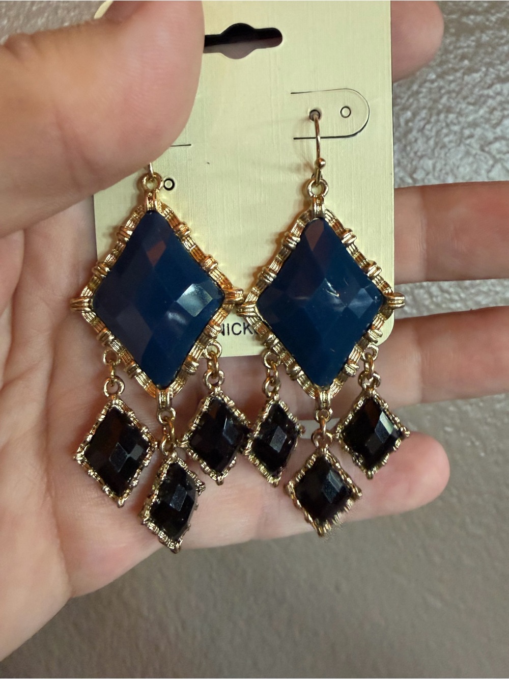 Gold-Tone Navy Blue & Black Faceted Dangle Earrings